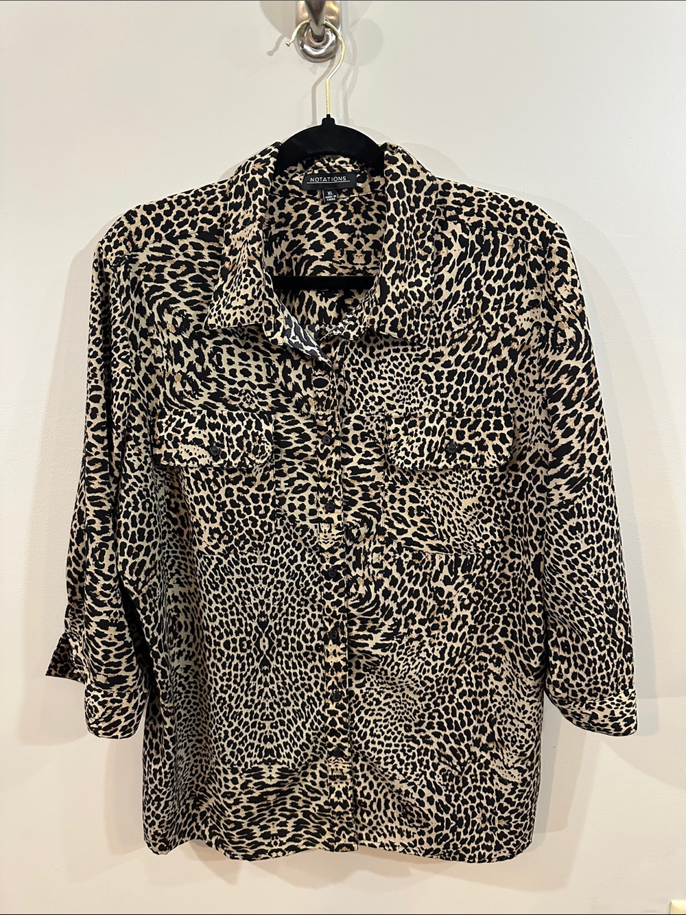 Notations Beige and Black Leopard Print Button-Down Shirt, XL